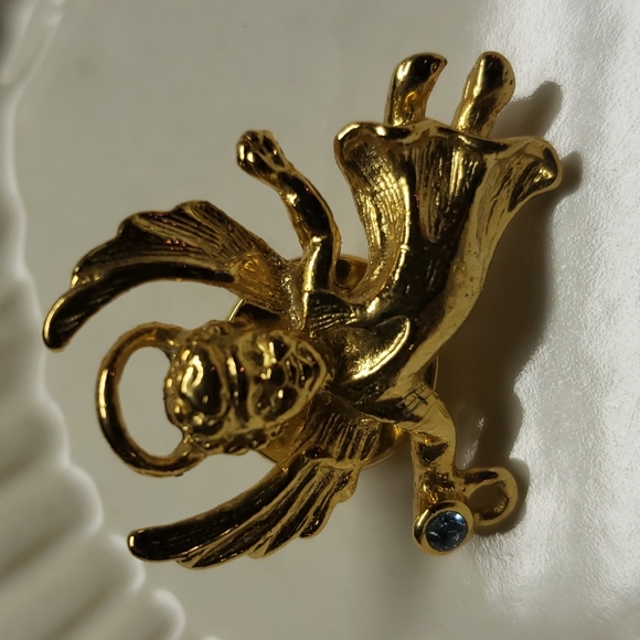 Ballou Angel Lapel Pin Tiny Brooch Gold Tone Blue Rhinestone - Picture 2 of 7